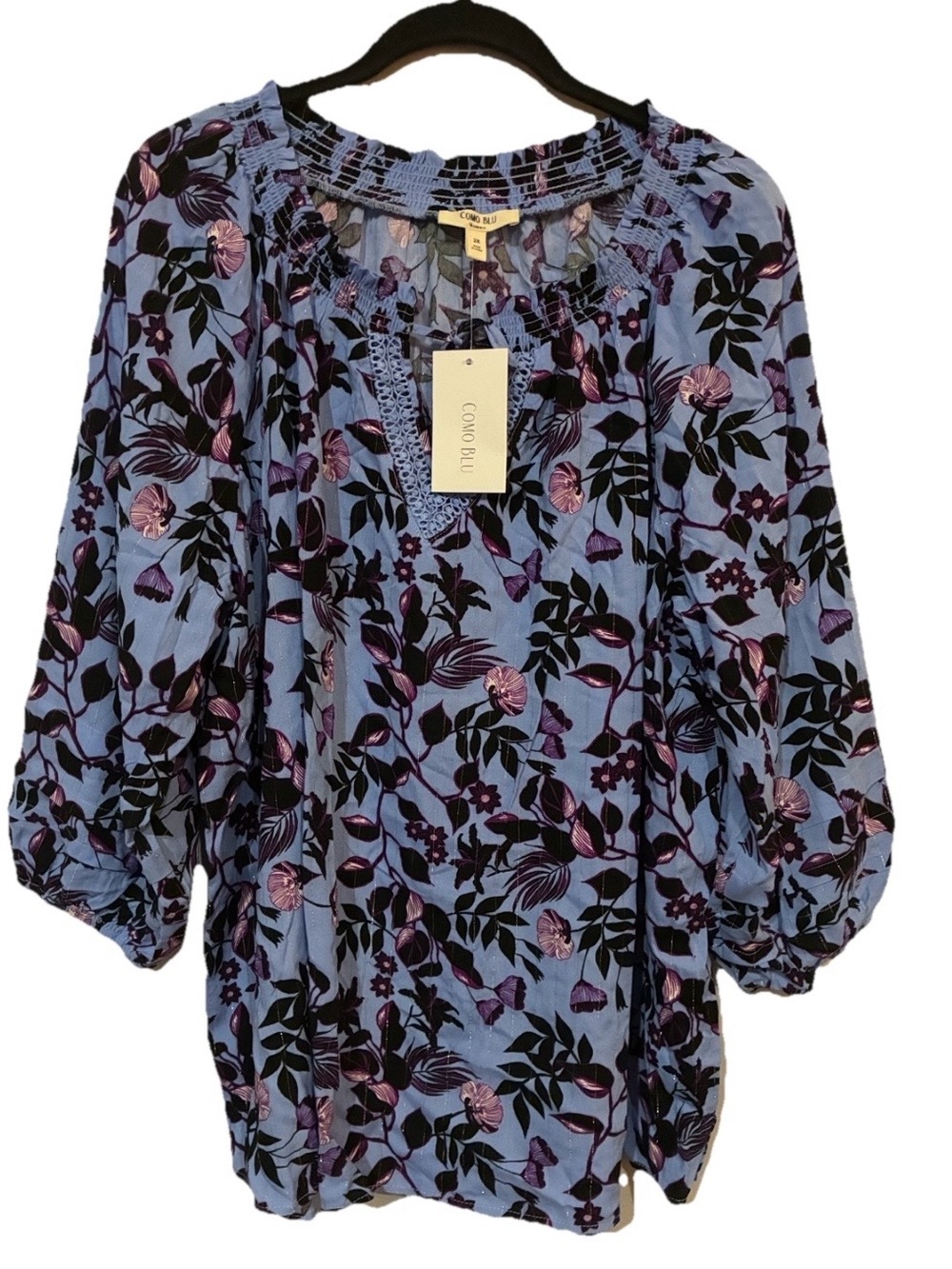 Light Blue Floral Smocked Neck Tunic Top by Como Blu - Picture 2 of 9